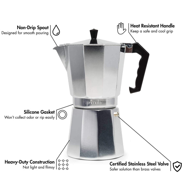 Primula Classic Stovetop Espresso and Coffee Maker, Moka Pot for Italian and Cuban Caf Brewing, Greca Coffee Maker, Cafeteras, 9 Espresso Cups, Silver