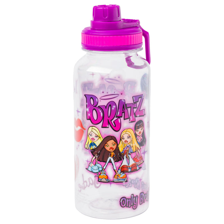 Silver Buffalo Bratz Airbrush Featuring Yasmin, Sasha, Jade, and Cloe Twist Spout Plastic Water Bottle with Stickers You Stick Yourself, 32 Ounces Bratz Airbrush Group Twist