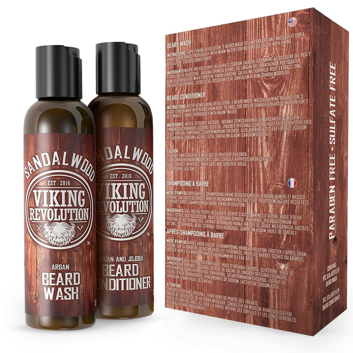 Viking Revolution Beard Wash & Beard Conditioner Set w/Argan & Jojoba Oils - Softens & Strengthens - Natural Beard Shampoo w/Beard Oil Sandalwood (5oz)