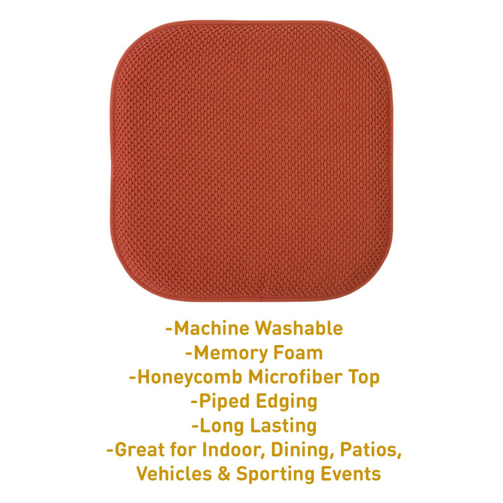 Sweet Home Collection Chair Cushion Memory Foam Pads Honeycomb Pattern Slip Non Skid Rubber Back Rounded Square 16" x 16" Seat Cover, 2 Pack, Rust