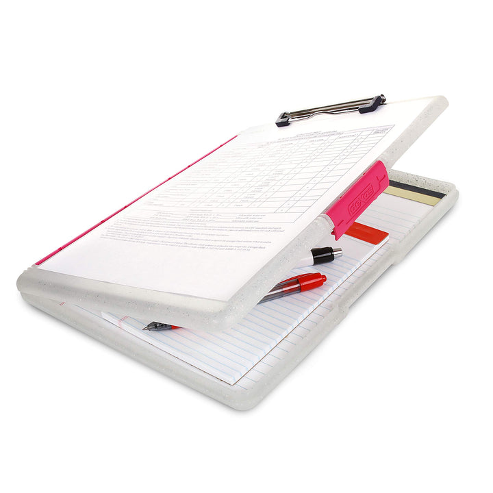 Dexas Slimcase 2 Storage Clipboard with Side Opening 12.5 x 9.5 in Natural Glitter Pink Binding. Organize in Style for Home, School, Work or Trades! Ideal for Teachers, Nurses, Students, Homeschool Glitter With Pink Clips