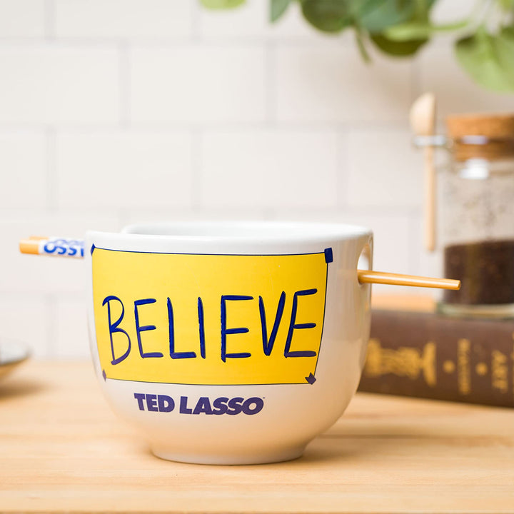 Silver Buffalo Ted Lasso Believe Ceramic Ramen Bowl with Chopsticks, 20 Ounces, White/Multi Cartoon