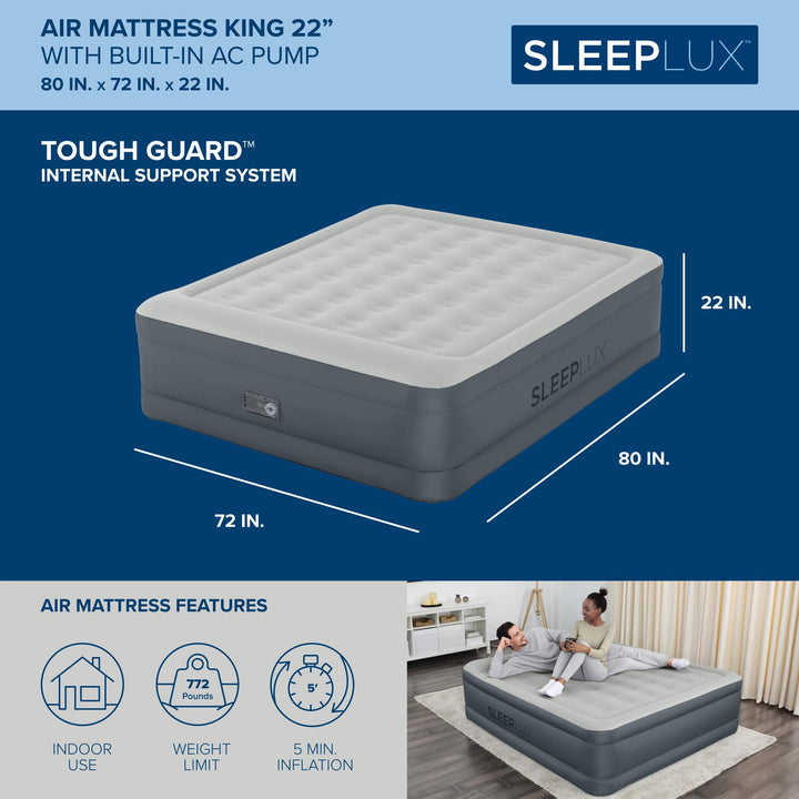 SleepLux Durable Inflatable Air Mattress with Built-in Pump, Pillow and USB Charger King 22"