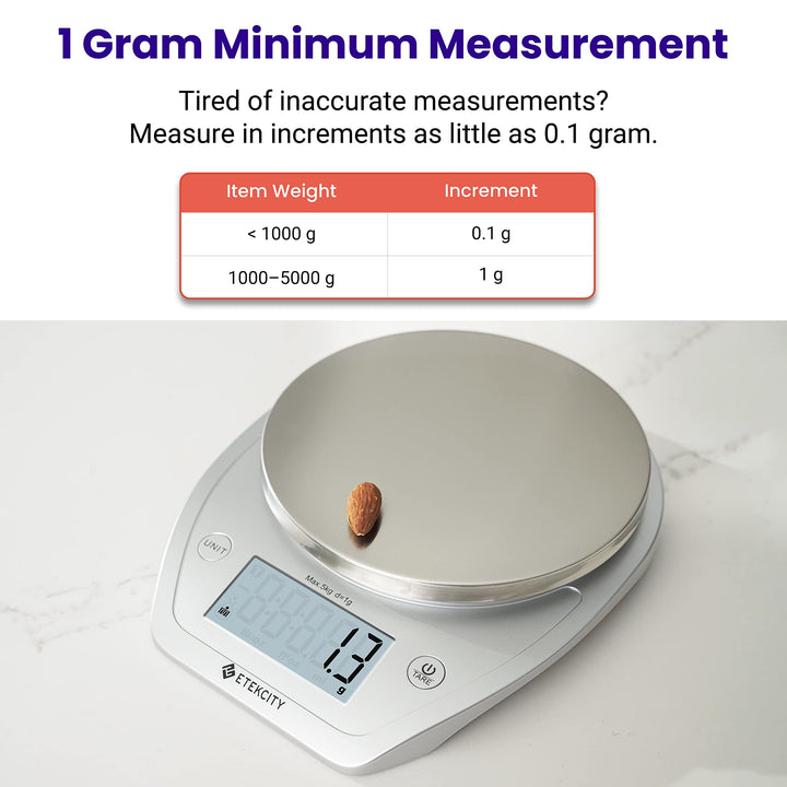 Etekcity Food Scale, 11lb/0.1g, Digital Kitchen Scale with Detachable Bowl Weight Grams and Ounces for Coffee, Baking, Cooking, Large LCD Display Stainless Steel (Batteries Included) Arctic Sliver