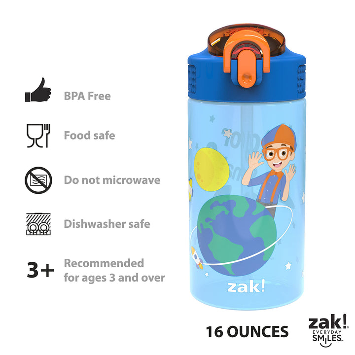 Zak Designs Blippi Kids Water Bottle with Spout Cover and Built-In Carrying Loop, Made of Durable Plastic, Leak-Proof Design for Travel (16 oz, Pack of 2) 2 Count (Pack of 1) Blippi 2pk