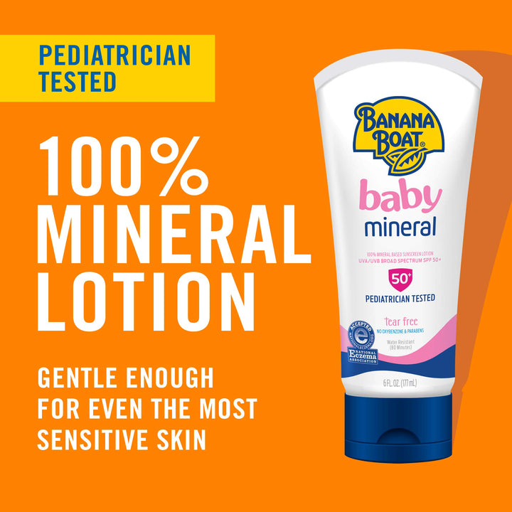 Banana Boat Baby 100% Mineral Sunscreen Lotion SPF 50 Twin Pack | Banana Boat Baby Sunscreen, Sunscreen for Babies, Oxybenzone Free Sunscreen, Banana Boat Lotion Sunscreen SPF 50, 6oz each