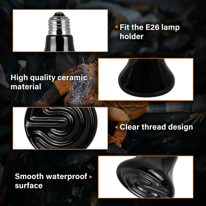 Simple Deluxe 25W/40W/50W/60W/100W/150W Ceramic Heat Emitter Reptile Heat Lamp Bulb No Light Emitting Brooder Coop Heater for Amphibian Pet & Incubating Chicken, Black/4-Pack, 50W(Mini) 50W (Mini)