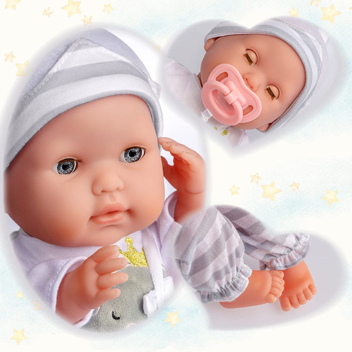 15" Realistic Soft Body Baby Doll with Open/Close Eyes | JC Toys - Berenguer Boutique | Bottle & Pacifier | Grey | Ages 2+