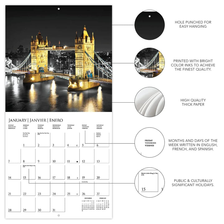 Graphique 2024 London Glitz Wall Calendar | 12” x 12” | Thick Paper | Home & Office Organizer | Large Monthly Grid | 3 Languages & Marked Holidays | 4 Month Preview Page for 2025