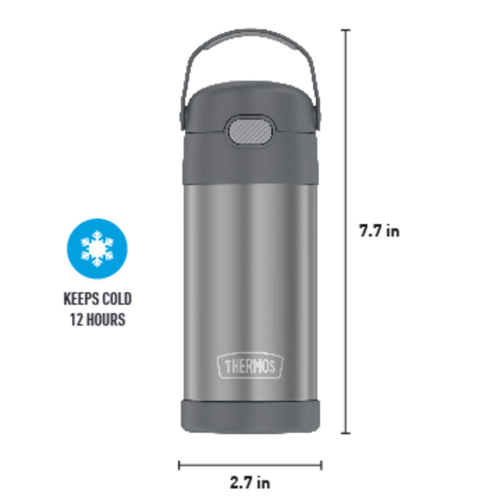 THERMOS FUNTAINER Water Bottle with Straw - 12 Ounce, Grey - Kids Stainless Steel Vacuum Insulated Water Bottle with Lid Gray FUNTAINER 12 Ounce Bottle