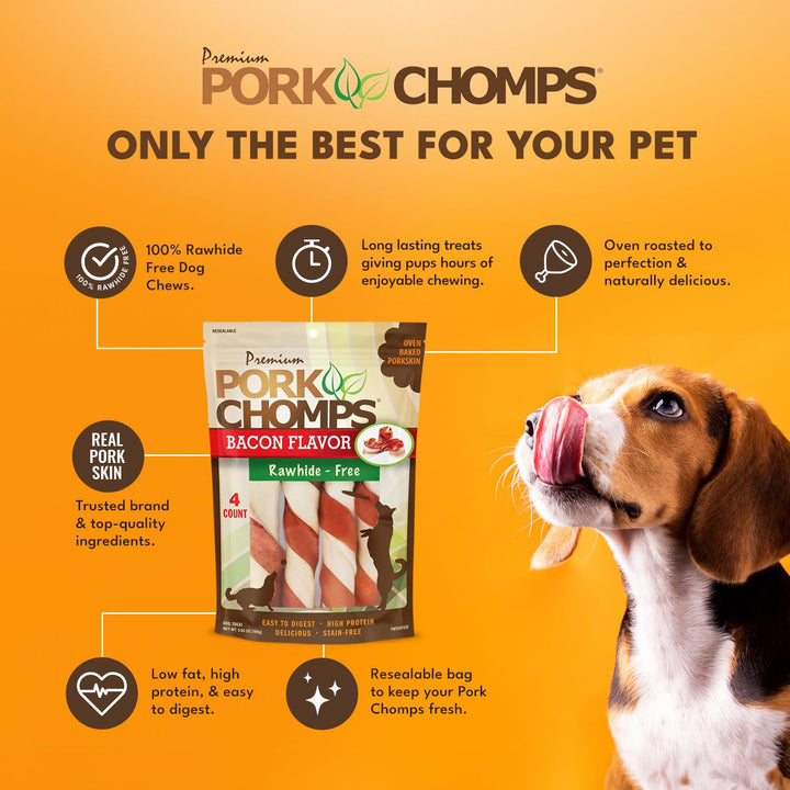 Pork Chomps Baked Pork Skin Dog Chews, 6-inch Twists, Real Chicken Wrap, 4 Count 4 Count (Pack of 1)