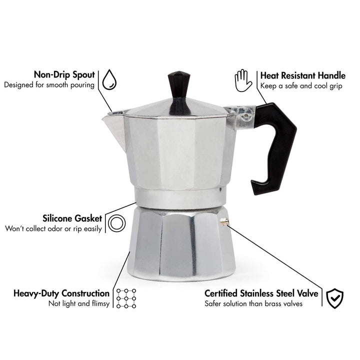 Primula Classic Stovetop Espresso and Coffee Maker, Moka Pot for Italian and Cuban Caf Brewing, Greca Coffee Maker, Cafeteras, 3 Espresso Cups, Silver