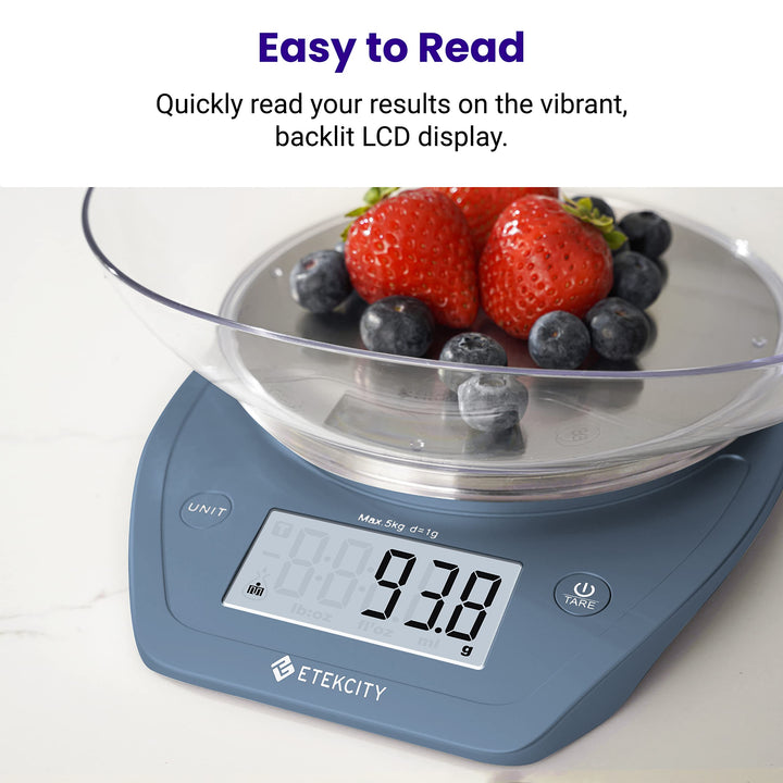 Etekcity 0.1g Food Scale, Bowl, Digital Grams and Ounces for Weight Loss, Dieting, Baking, Cooking, and Meal Prep, 11lb/5kg, Stainless Steel Prussian Blue