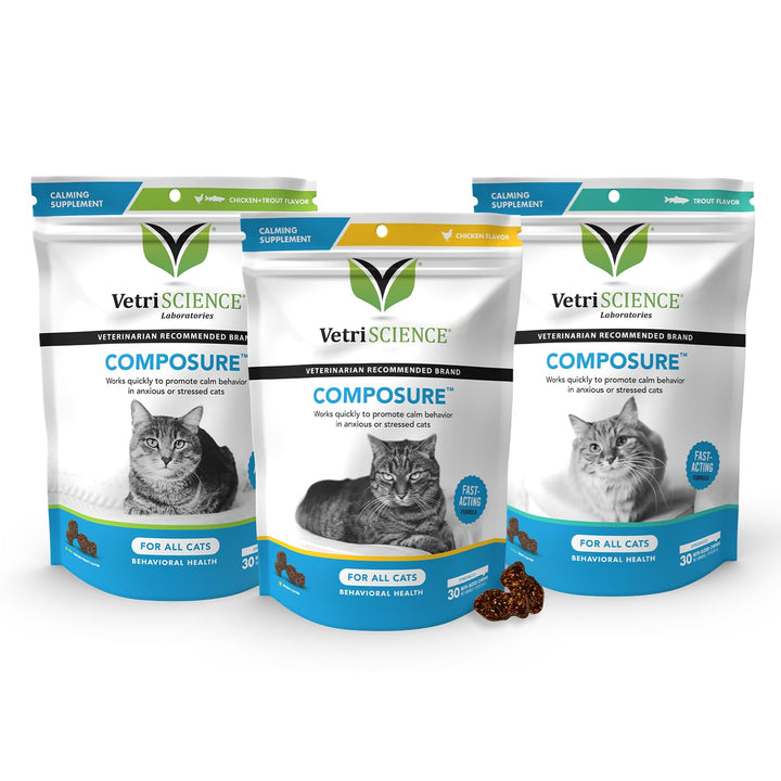 VetriScience Composure Cat Calming Chews Variety Pack - Clinically Supported Cat Anxiety Relief Supplement for Stress, Grooming, Vet Visits, Separation & More - 3 Packs (30 Chews Each) Chicken, Trout, Chicken + Trout 30 Chews (Pack of 3)