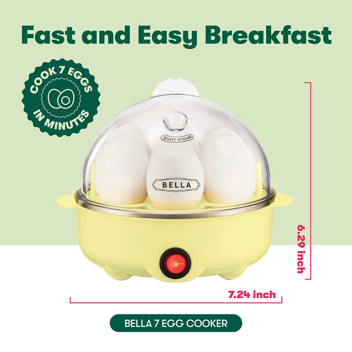 BELLA Rapid Electric Egg Cooker and Poacher with Auto Shut Off for Omelet, Soft, Medium and Hard Boiled Eggs - 7 Egg Capacity Tray, Single Stack, Yellow