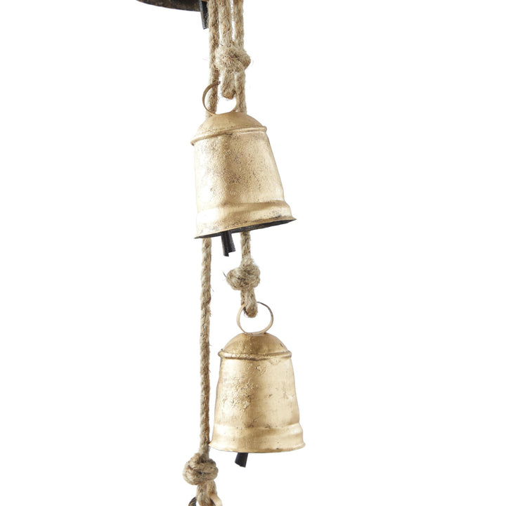 Deco 79 Gold Metal Tibetan Inspired String Hanging Decorative Bells with Jute Hanging Rope 4" x 8" x 52" - Cone 52" x 4" x 8"