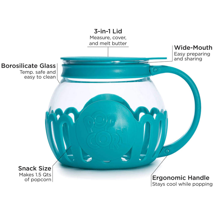 Ecolution Patented Micro-Pop Microwave Popcorn Popper with Temperature Safe Glass, 3-in-1 Lid Measures Kernels and Melts Butter, Made Without BPA, Dishwasher Safe, 1.5-Quart, Teal 1.5-Quart Snack Size