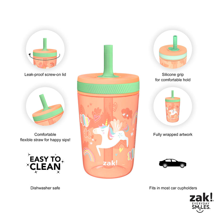 Zak Designs Unicorn Kelso Tumbler Set, Leak-Proof Screw-On Lid with Straw, Bundle for Kids Includes Plastic and Stainless Steel Cups with Bonus Sipper, 3pc Set, Non-BPA, 15 fl.oz. Classic