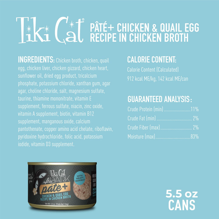 Tiki Cat After Dark Pate+, Chicken & Duck, High-Protein and 100% Non-GMO Ingredients, Wet Cat Food for Adult Cats, 5.5 oz. Cans (Pack of 8) 2.75 Pound (Pack of 1)