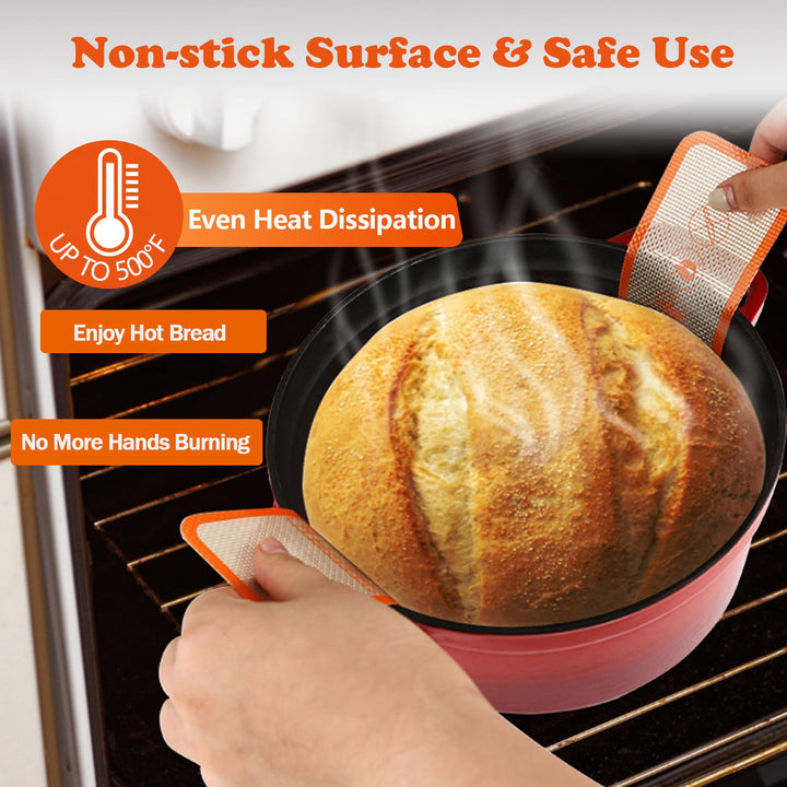 Silicone Bread Sling Dutch Oven, 2 Sets Silicone Bread Baking Mats, Food-Grade Silicone Dutch Oven Liners, Non-Stick Thick Baking Sheet Liner with Extra Long Handles for Transferable Dough Orange Silicone Bread Sling 2 Set