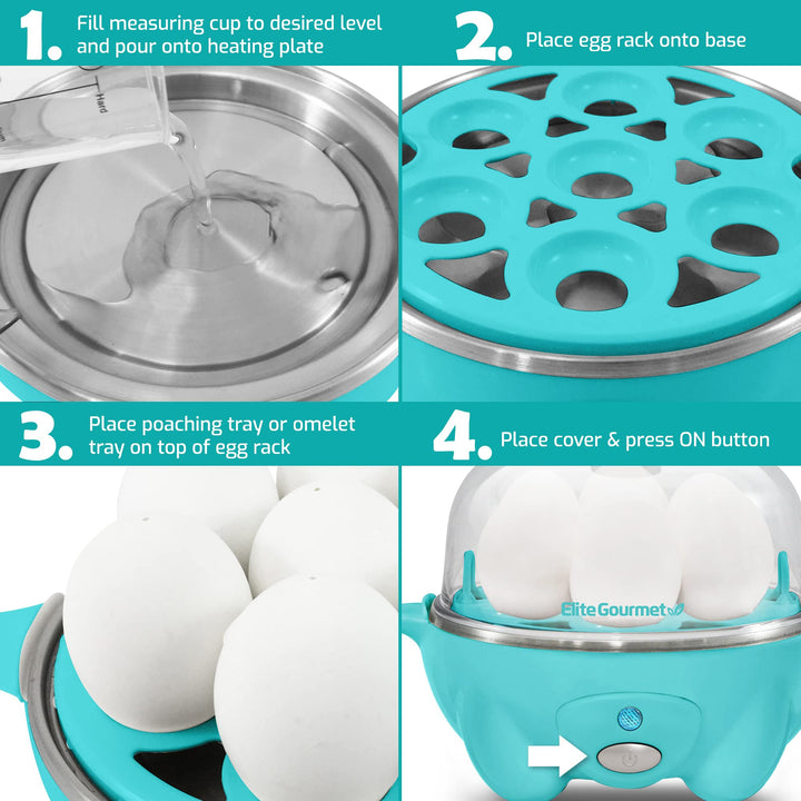 Elite Gourmet EGC-007T# Rapid Egg Cooker, 7 Easy-To-Peel, Hard, Medium, Soft Boiled Eggs, Poacher, Omelet Maker, Auto Shut-Off, Alarm, 16-Recipe Booklet, Teal 7 Egg Blue