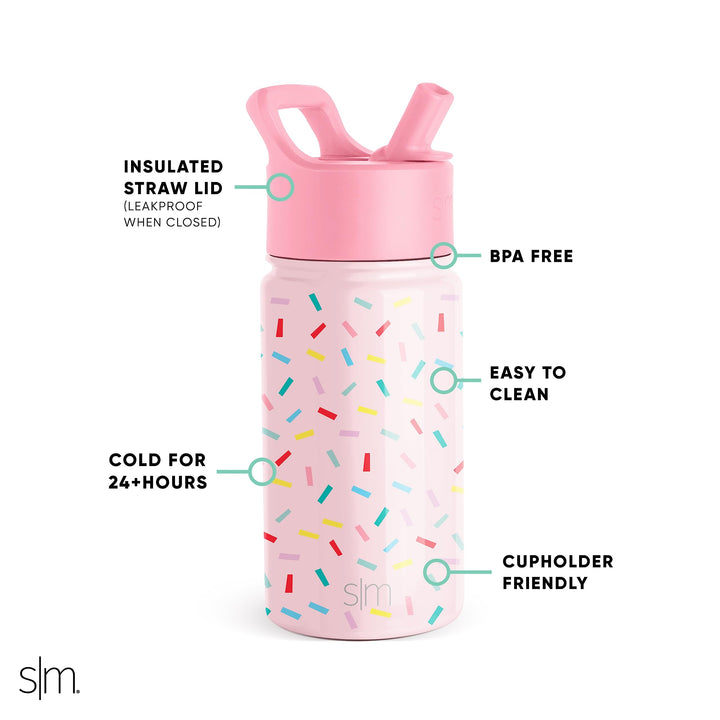 Simple Modern Kids Water Bottle with Straw Lid | Insulated Stainless Steel Reusable Tumbler for Toddlers, Girls | Summit Collection | 14oz, Confetti -Confetti