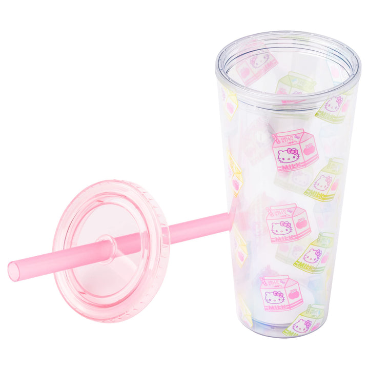 Silver Buffalo Sanrio Hello Kitty Milk Carton Pattern Plastic Boba Tumbler w Lid and Wide Straw, 24 Ounces