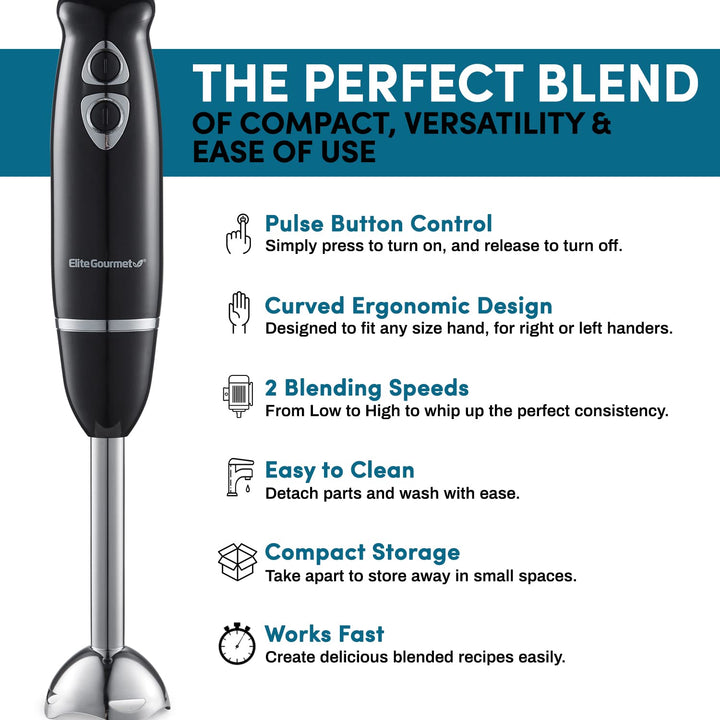 Elite Gourmet EHB1015 Immersion Hand Blender 500 Watts 2 Speed Mixing with Stainless Steel Blades, Detachable Wand Stick Mixer, Smoothies, Baby Food, Soup, Black Black/Stainless Steel Immersion Blenders