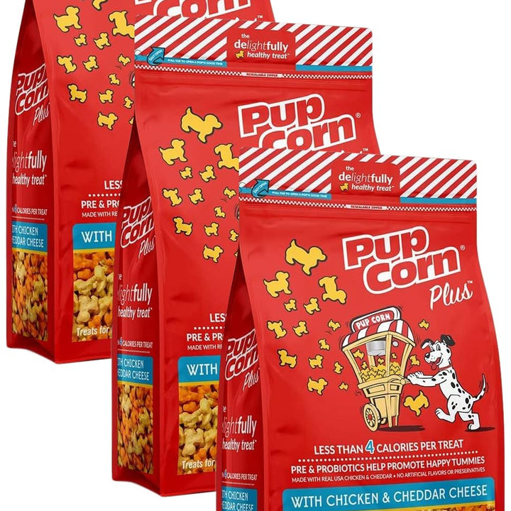 Pup Corn Plus - Puffed Dog Treats with Preiotics and Probiotics - Chicken & Cheddar Cheese, (8oz) 8 Ounce (Pack of 1)