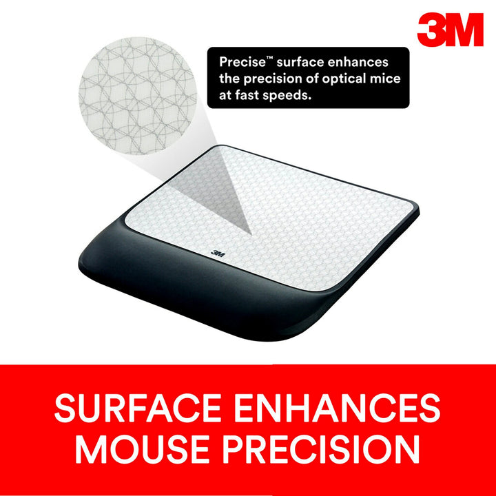 3M Precise Mouse Pad with Gel Wrist Rest, Soothing 3M Gel Technology and Satin Smooth Cover for All Day Comfort, Optical Mouse Performance and Battery Saving Design (MW85B), Extended, Black