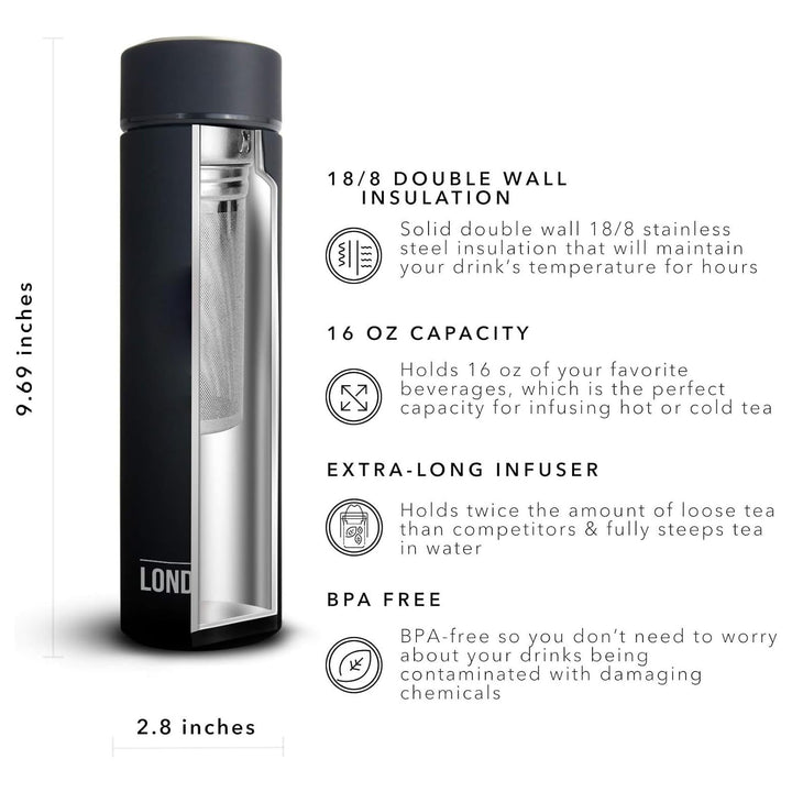 London Sip Multi-Purpose Travel Mug and Tumbler Fruit Infused Flask Hot and Cold Double Wall Stainless Steel Thermos with Extra-Long Infuser, Sacred Red 16.9 Ounces