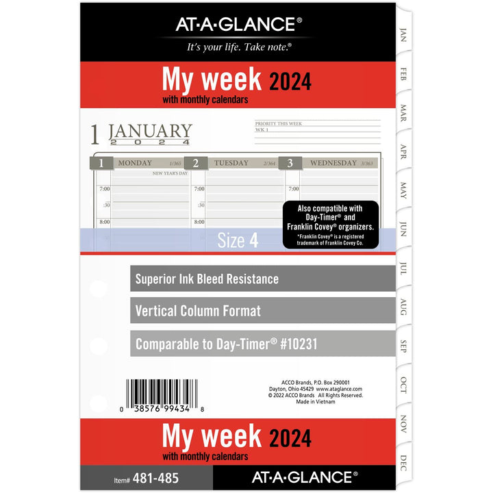 AT-A-GLANCE 2024 Weekly & Monthly Planner Refill, 5-1/2" x 8-1/2", Desk Size, Column Style, Loose-Leaf (481-485-24) Size 4 Column Style 2024 Old Edition