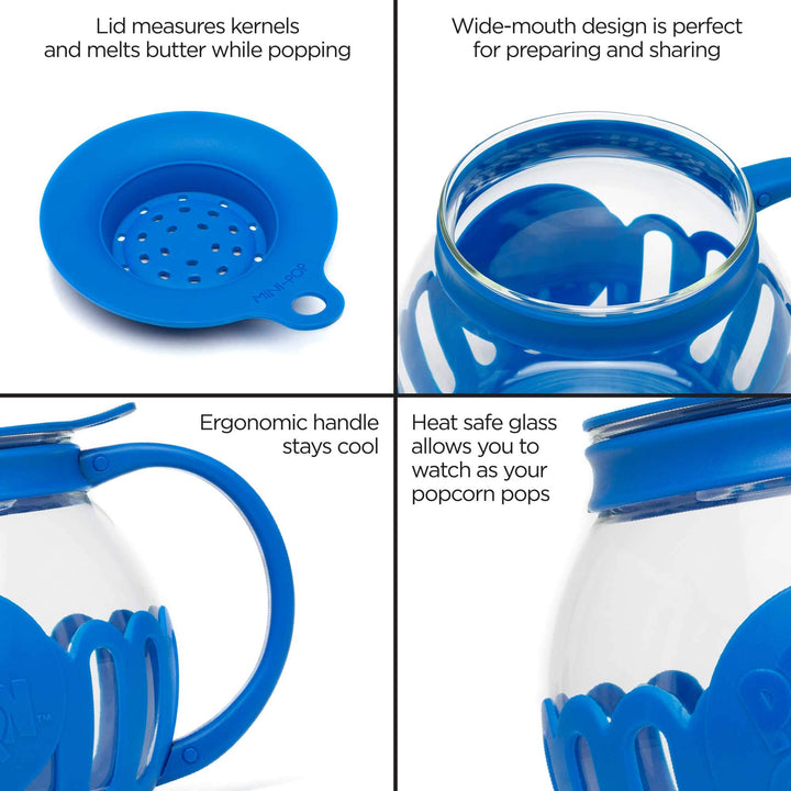 Ecolution Patented Micro-Pop Microwave Popcorn Popper with Temperature Safe Glass, 3-in-1 Lid Measures Kernels and Melts Butter, Made Without BPA, Dishwasher Safe, 1.5-Quart, Blue