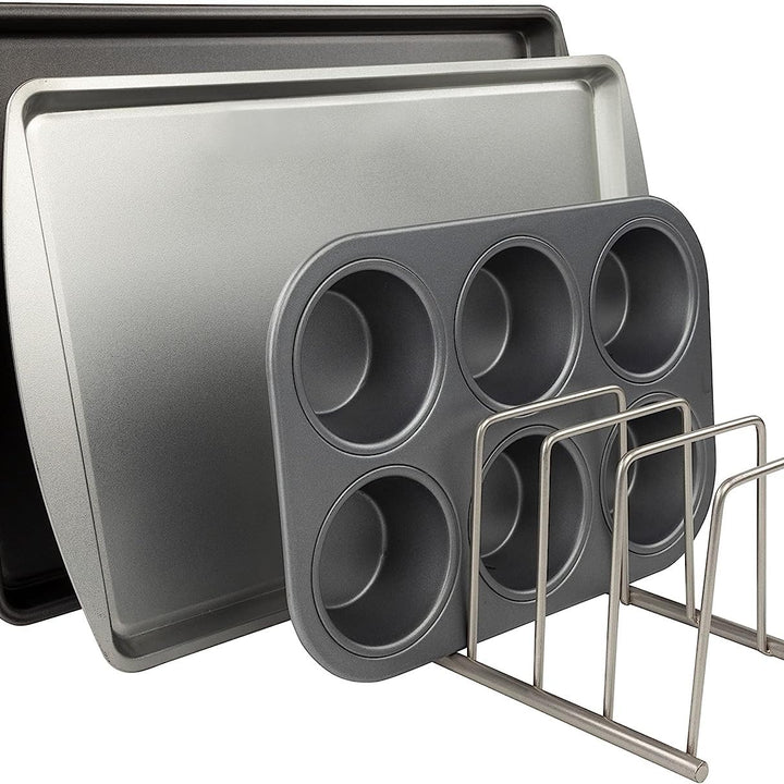 Spectrum Diversified Euro Kitchen Organizer for Plates, Cutting Boards, Bakeware Cooling Racks, Pots & Pans, Serving Trays, Reusable Containers, and Lids, Satin Nickel 13.5" x 4.5" x 4.25"