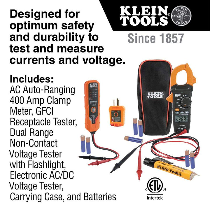 Klein Tools IR5 Dual Laser 12:1 Infrared Thermometer Digital Backlit & CL120VP Electrical Voltage Test Kit with Clamp Meter, Three Testers, Test Leads, Pouch and Batteries Thermometer+ Test Kit