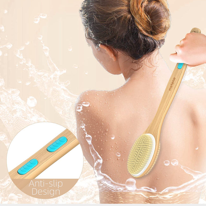 Metene Shower Brush with Soft and Stiff Bristles, Bath Dual-Sided Long Handle Back Scrubber Body Exfoliator for Wet or Dry Brushing