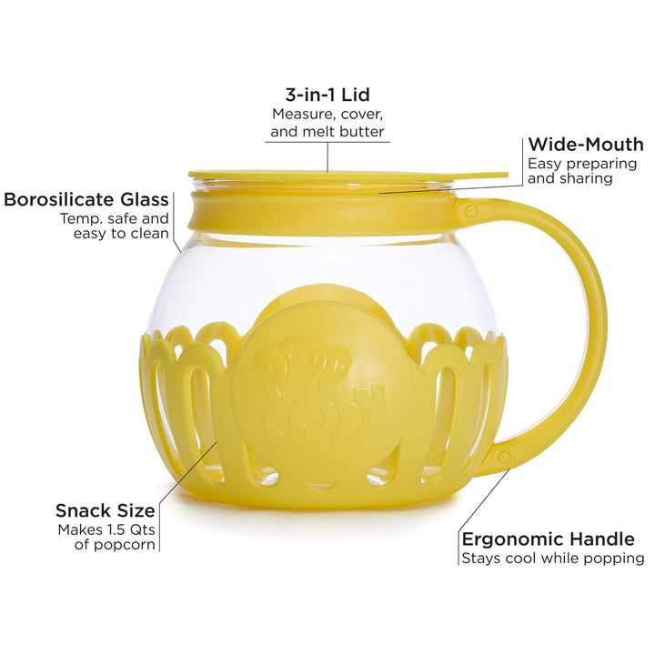 Ecolution Patented Micro-Pop Microwave Popcorn Popper with Temperature Safe Glass, 3-in-1 Lid Measures Kernels and Melts Butter, Made Without BPA, Dishwasher Safe, 1.5-Quart, Yellow 1.5-Quart Snack Size