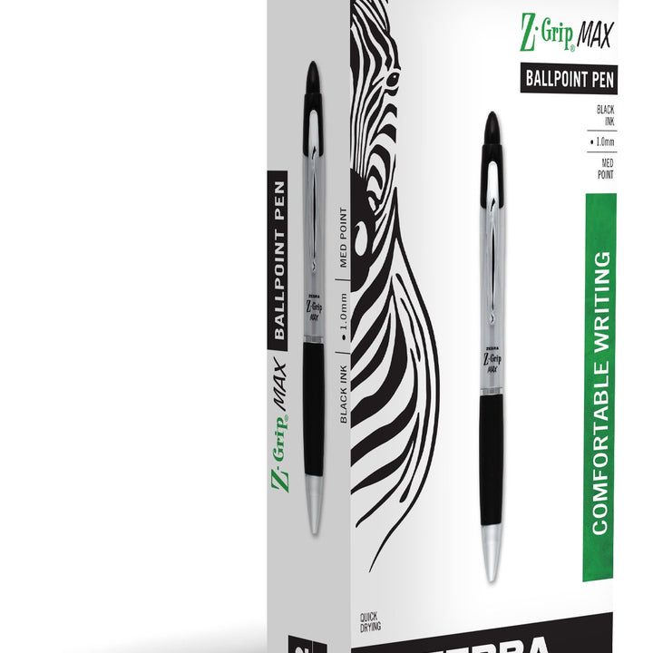 Z-Grip® Max Retractable Ballpoint Pens, Medium Point, 1.0 mm, Silver Barrel, Black Ink, Pack Of 12