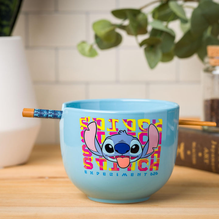 Silver Buffalo Lilo and Stitch Face Experiment Ceramic Ramen Bowl with Chopsticks, 20 Ounces, Multicolor