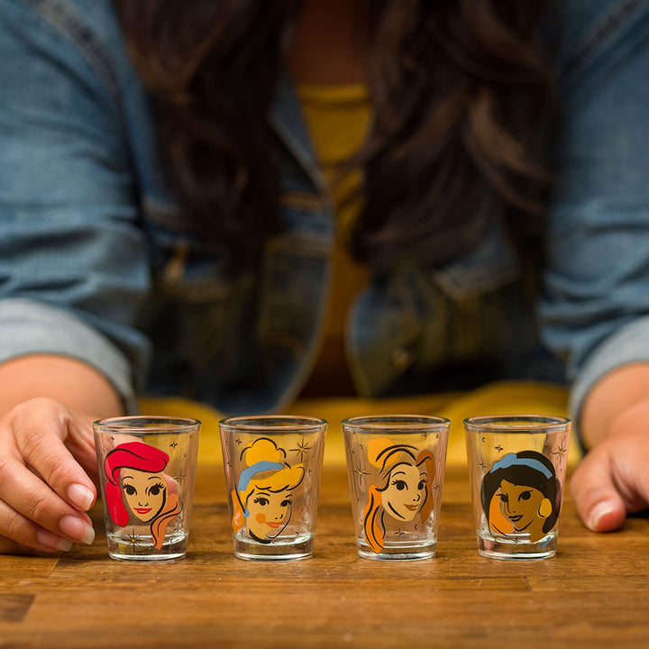 Silver Buffalo Disney Princess Abstract Faces Sparkle 4-Pack Mini Glass Set, 1.5 Ounces