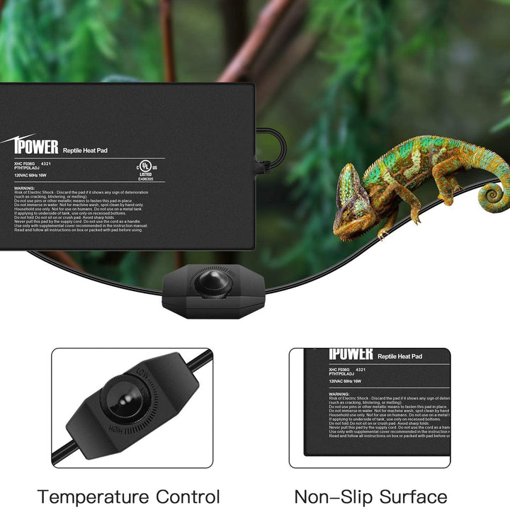 iPower 8 by 12-Inch 16 Watts Reptile Heating Mat with Temperature Controller Under Tank Warmer Terrarium Heat Pad for Reptiles and Amphibians, Black 8" x 12" Black/Heat Pad With Adjust Knob