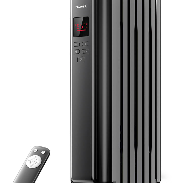 PELONIS Oil Filled Radiator, Electric Space Heater for Indoor Use Large Room with Thermostat & Remote, 3 Modes & 3 Heat Settings, ECO Mode, 24H Timer, Quiet, Overheat & Tip-Over Protection, 1500W Premium with LED Display Black