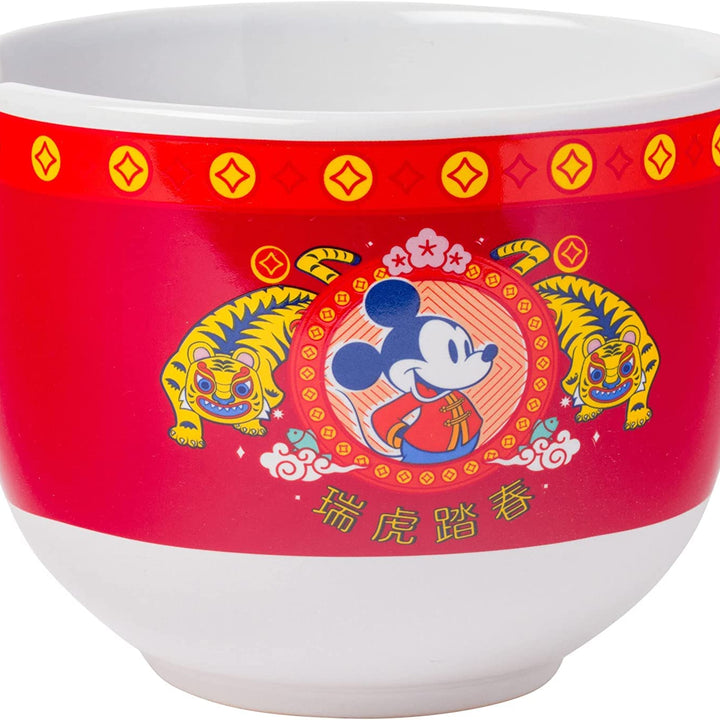 Silver Buffalo Disney Mickey Mouse Lunar Chinese New Year Tiger Ceramic Ramen Noodle Rice Bowl with Chopsticks, Microwave Safe, 20 Ounces