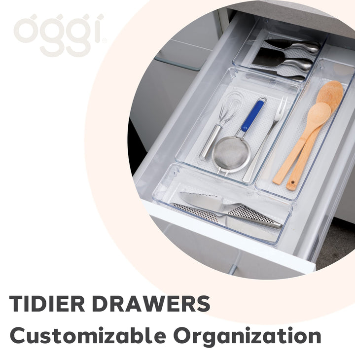 Oggi Set of 5 Clear Drawer Organizers - (1) 3x6.25, (2) 3x9.5, (2) 3x12.5 - Ideal for Organizing Kitchen Drawers, Office, Desk, Silverware, Kitchen Utensils, Cosmetics and Bathrooms