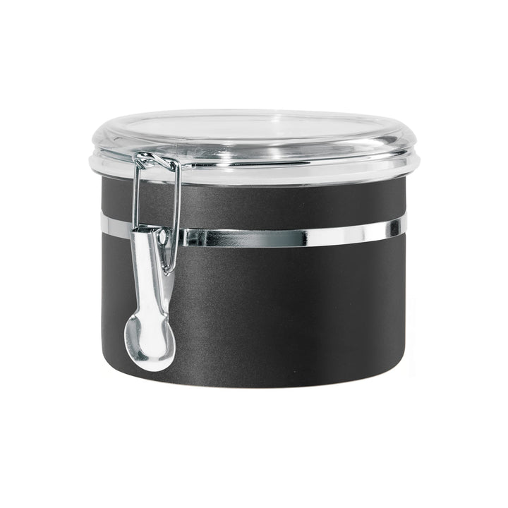 Oggi Stainless Steel Kitchen Canister 26 fl oz, Black - Airtight Clamp Lid, Clear See-Thru Top - Ideal for Kitchen Storage, Food Storage, Pantry Storage. Size 5" x 3.5". 26-ounce Airtight Canister