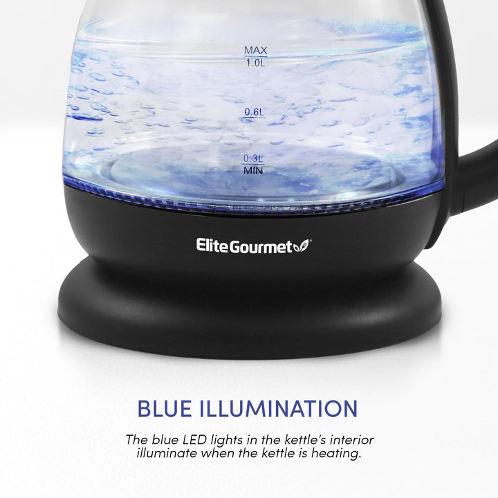 Elite Gourmet EKT1001 Electric 1.0L BPA-Free 1100W Glass Kettle Cordless 360° Base, Stylish Blue LED Interior, Handy Auto Shut-Off Function – Quickly Boil Water For Tea & More, Black 1.1 Quarts