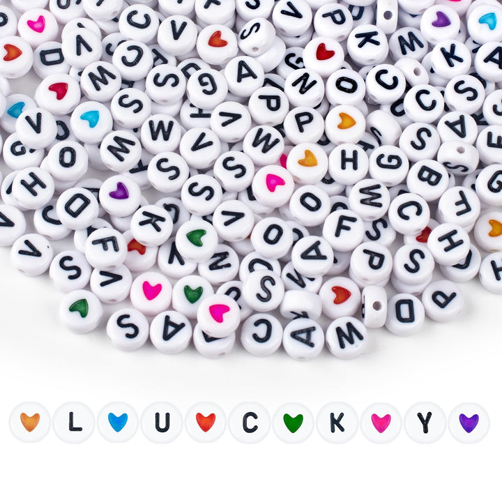 1000PCS Colourful Letter Beads for Threading, 4 x 7 MM, A-Z White Letter Beads and Colourful Heart Beads, Acrylic Round Beads for Jewellery DIY Making Crafts Bracelets Necklaces Ornaments Penda Style 2