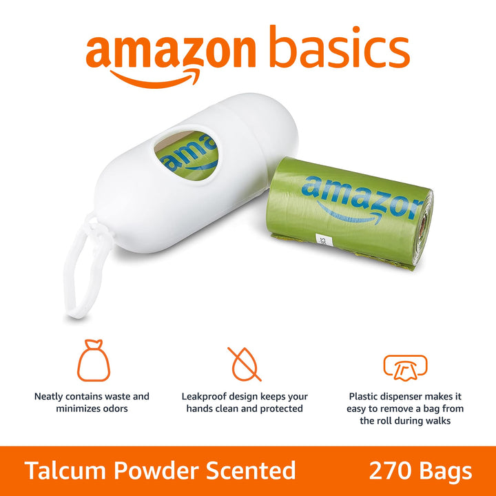 Basics Dog Poop Bags with Dispenser and Leash Clip, Talcum Powder Scented, 13 x 9 Inches - 270 Count (15 Bags per Roll, 18 Rolls) 15 Count (Pack of 18)