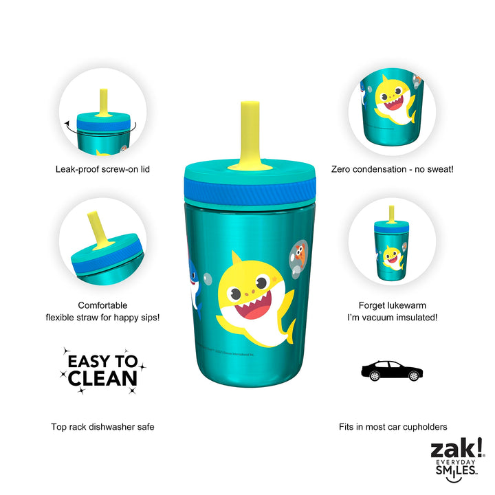 Zak Designs Baby Shark Kelso Tumbler Set, Leak-Proof Screw-On Lid with Straw, Bundle for Kids Includes Plastic and Stainless Steel Cups with Bonus Sipper (3pc Set, Non-BPA)15 fl oz. Classic