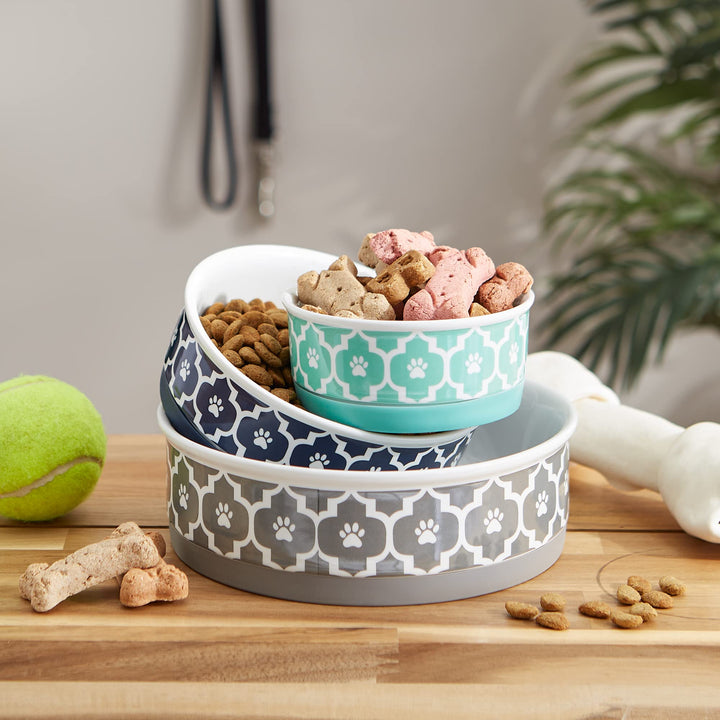 Bone Dry Lattice Pet Bowl, Removable Silicone Ring Creates Non-Slip Bottom for Secure Feeding & Less Mess, Microwave & Dishwasher Safe, Small Set, 4.25x2", Aqua, 2 Count Small Round (2)